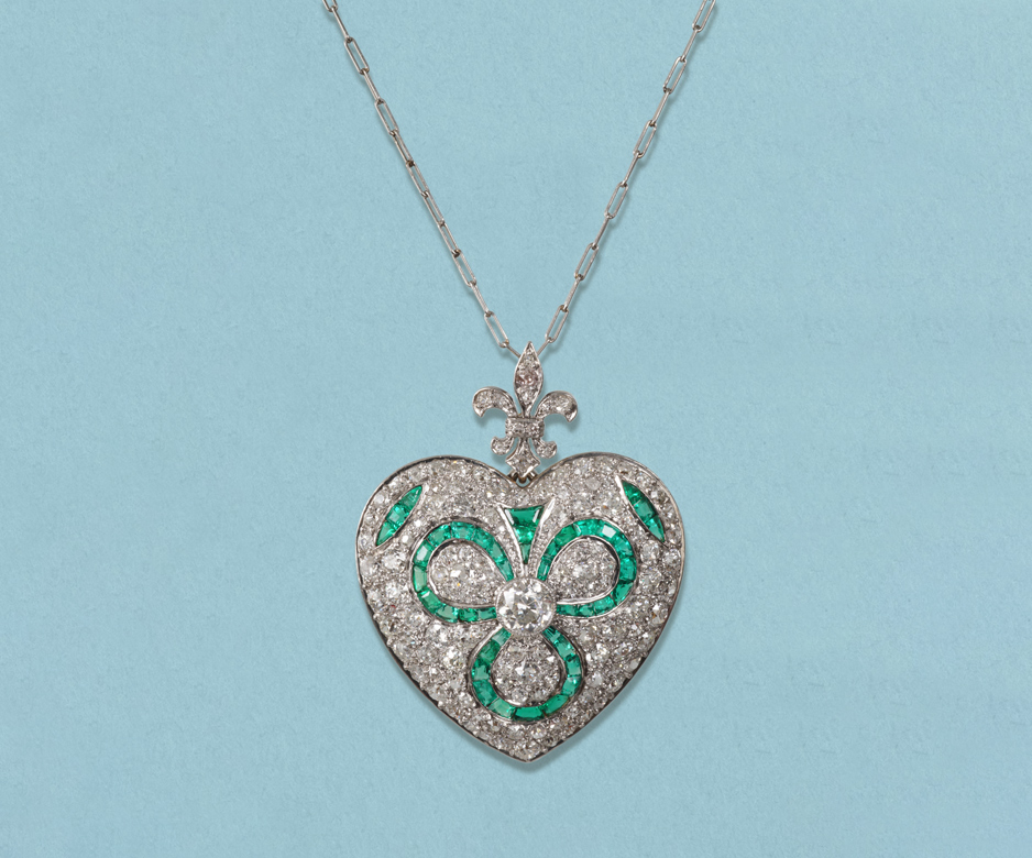 Art Deco emerald and diamond heart pendant